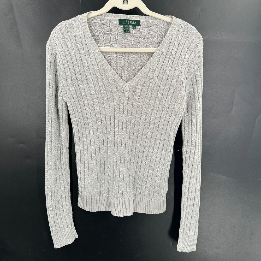 Lauren Ralph Lauren silk blend metallicโ silver cable knit sweater y2k light M